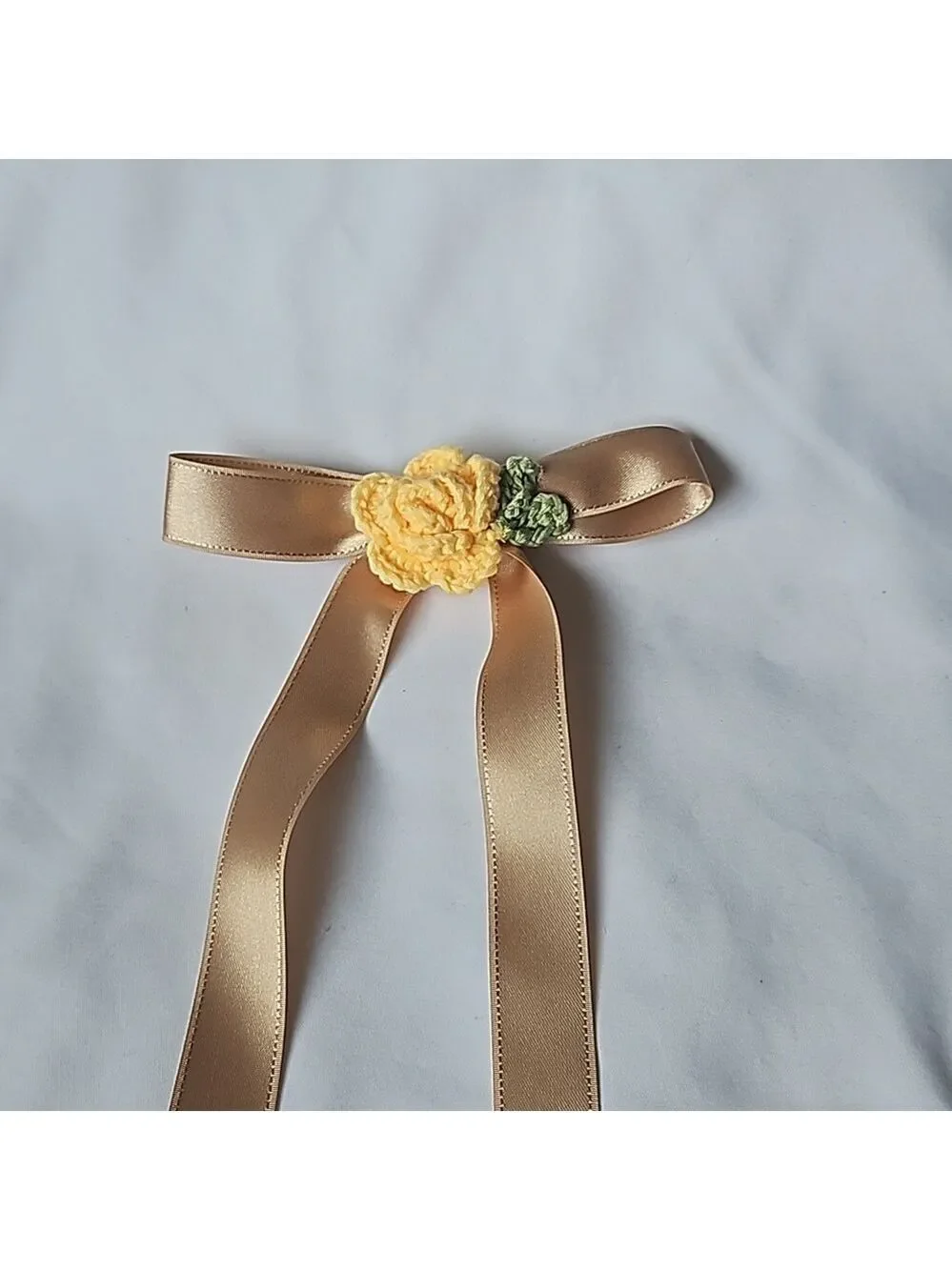 Gold Bow Hair Clip Yellow Crochet Rose Handmade